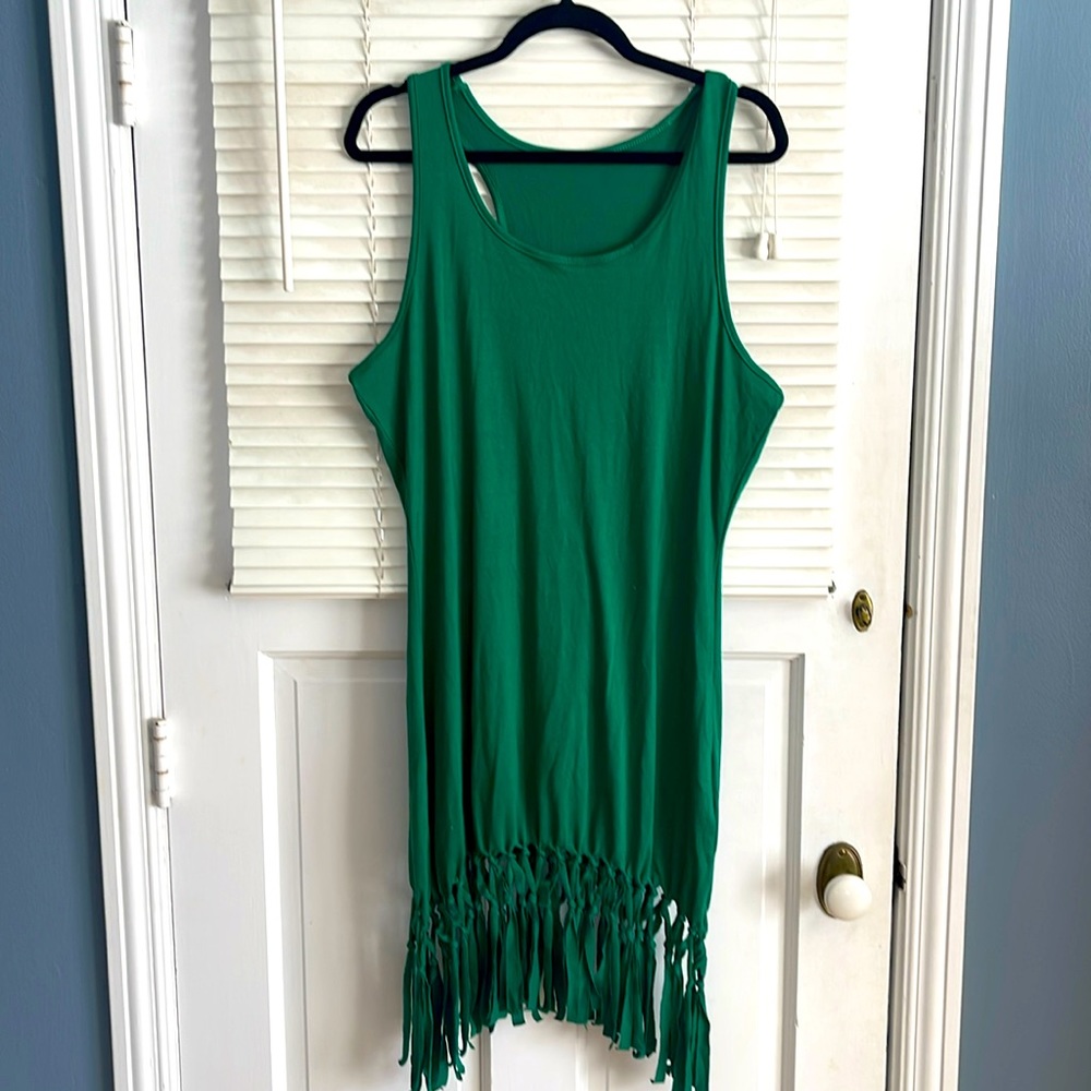 Emerald green racer-back, fringe bottom, swimsuit cover-up